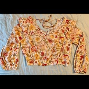 NWOT American Eagle long sleeve cropped pink floral top fringe ruffle